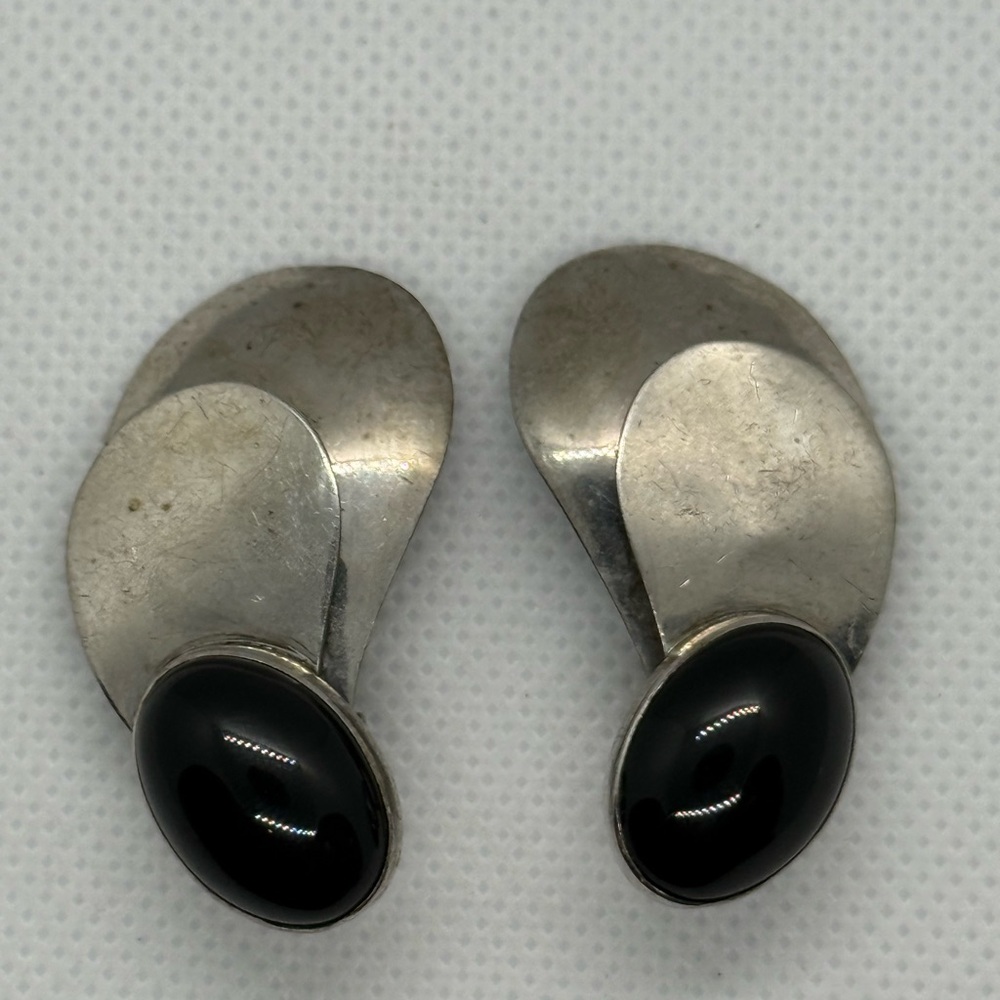 Vintage Louis Booth Sterling Silver Black Onyx Modernist Clip-On Earrings
